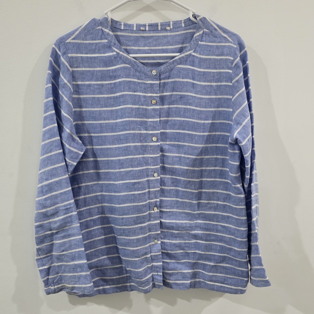 C And C California Womens Linen Button Up Top Size Medium Striped Nautical Coast